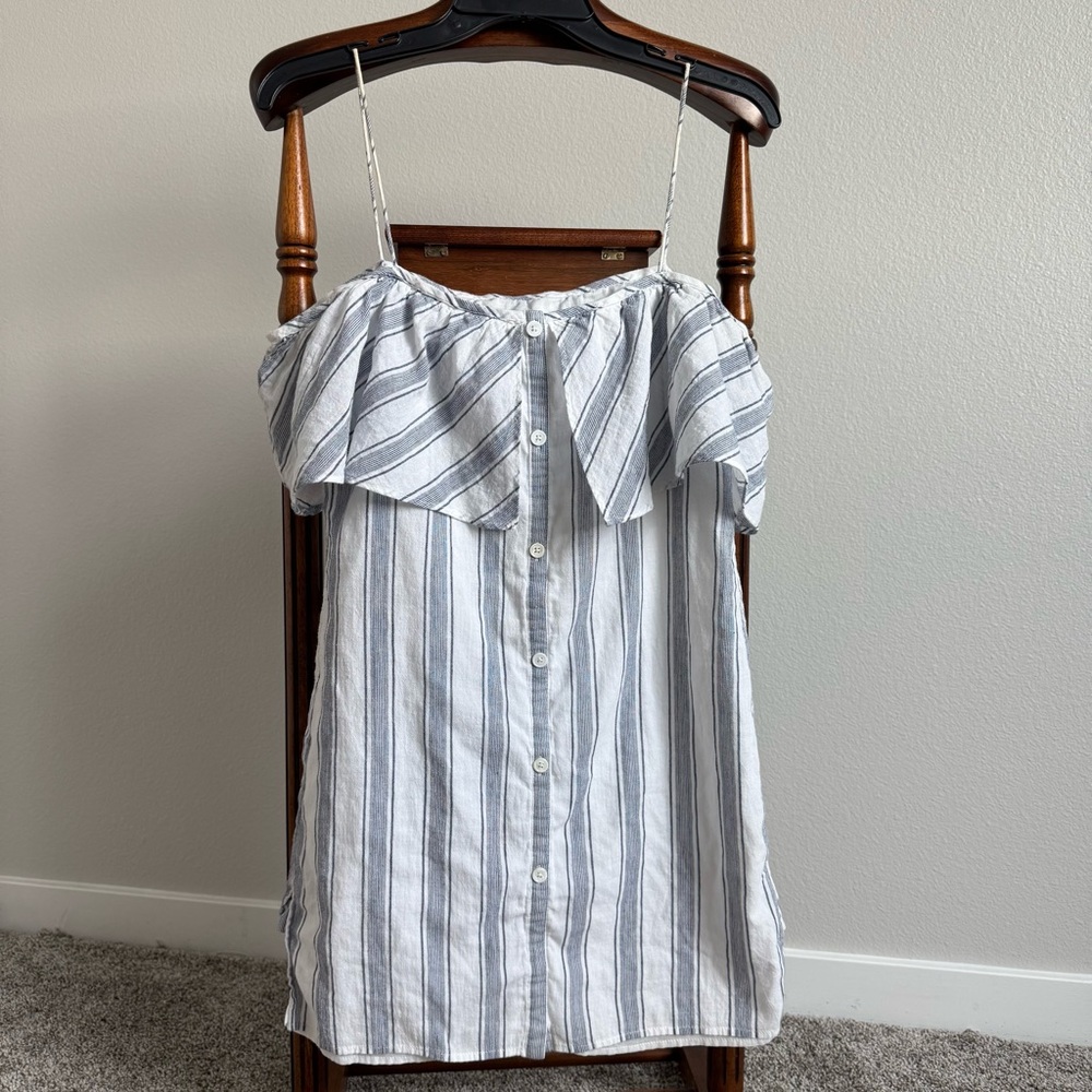 Saylor Blue Stripe Ruffle Dress Coastal Summer Vacation Mini Dress
